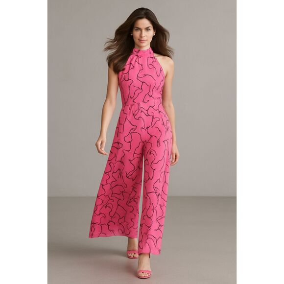 Bold & Beautiful Hot Pink Abstract Halter Jumpsuit – Size Medium - Picture 1 of 7